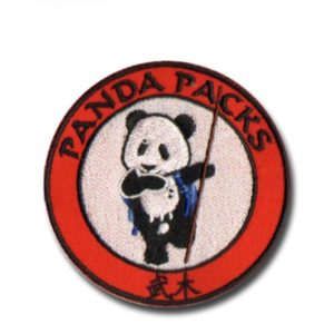 Red, beige, black, and blue panda packs custom patches