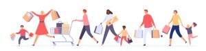 Illustration of people shopping with shopping carts and shopping bags