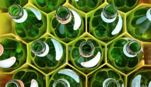 Several glass bottles in a container