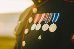 Coins adorned to a military uniform