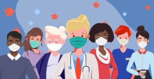 Illustration of a doctor and other people wearing masks