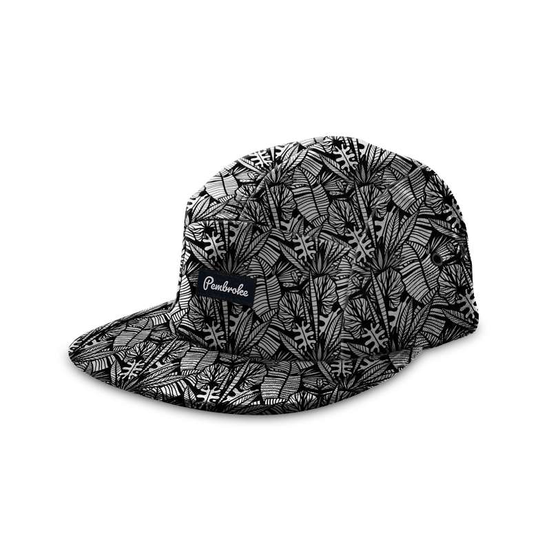Custom 5 panel hat in black and white with design