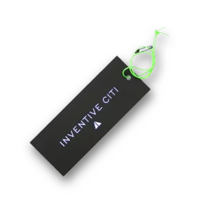 Custom black hang tag with neon green string attachment