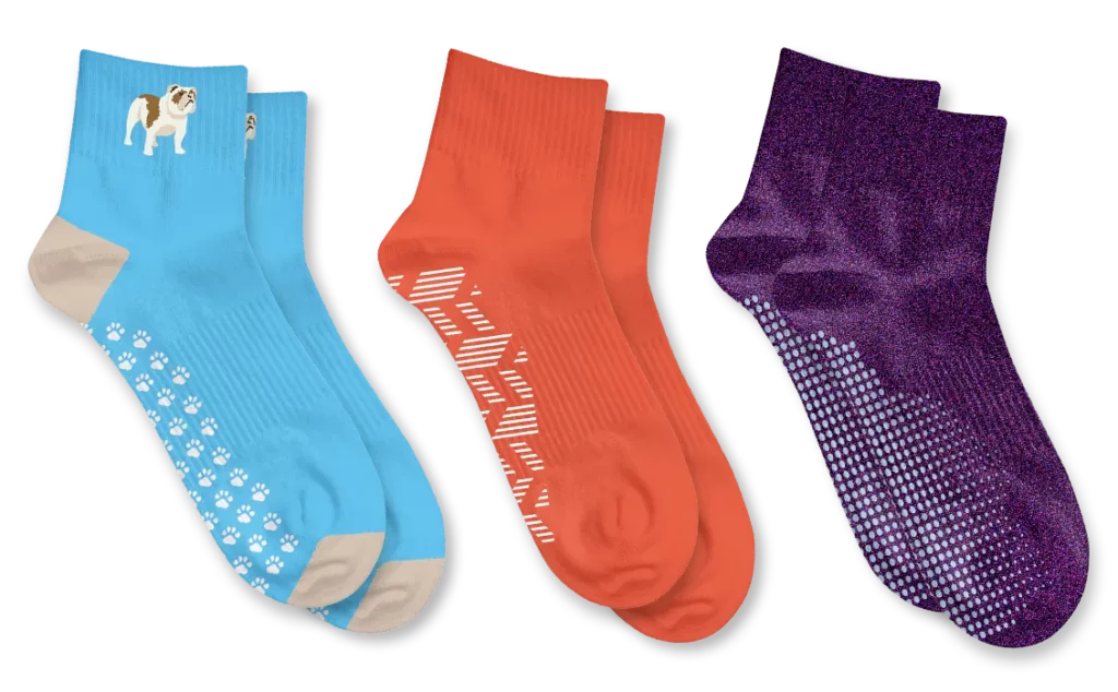 Custom non slip socks in blue, orange, and purple